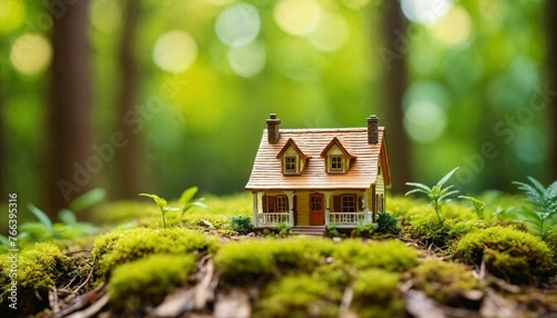 photo of miniature scene small model little house in deep wood forest   generative AI