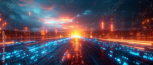 Navigating 3D futuristic sci-fi empty space pathways with glowing light strips in neon blue and orange colors.