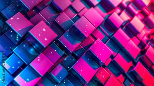 3d rendered dynamic cubes with neon lighting effects in pink and blue shades