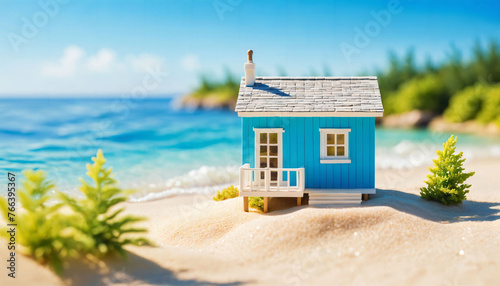 photo of miniature scene small model little house in ocean sea beach  generative AI