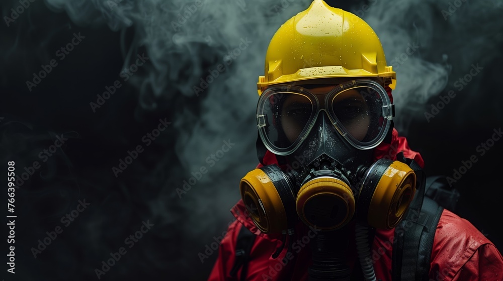 Worker in protective gear with gas mask and yellow hard hat against a smoky dark background, depicting industrial safety and health hazards Worker in protective gear with gas mask and yellow hard hat against a smoky dark background, depicting industrial safety and health hazards