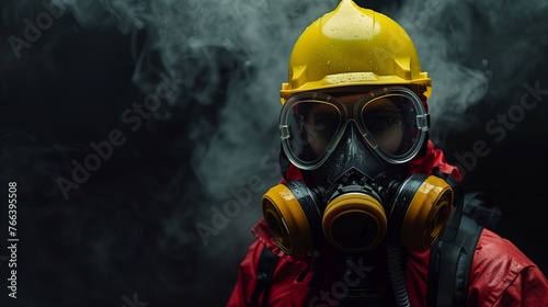 Worker in protective gear with gas mask and yellow hard hat against a smoky dark background, depicting industrial safety and health hazards