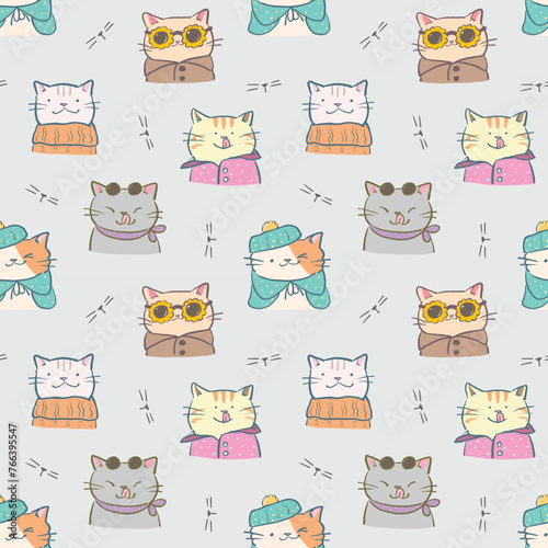 Seamless Pattern of Cute Cartoon Cat Design on Grey Background © Supannee