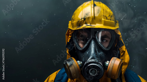 Focused adult in hazmat gear with a gas mask and yellow hard hat against a dark backdrop, depicting safety and protection in hazardous environments