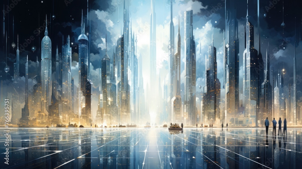 Ethereal and Visionary Metropolis of the Future Amid Dramatic Skies and Shimmering Reflections