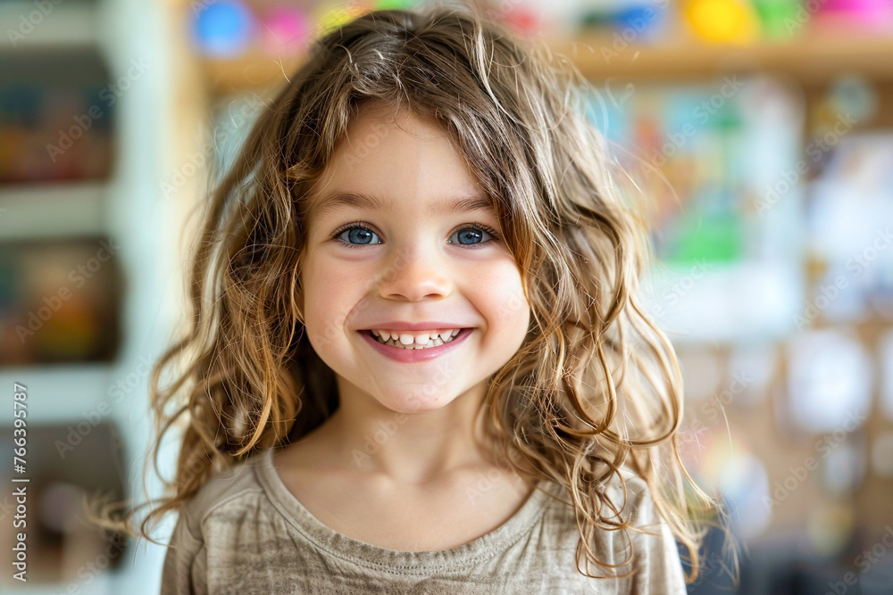 Kindergarten child, happy classroom, joyful girl, early learning. Kindergarten child, happy classroom, joyful girl, early learning.