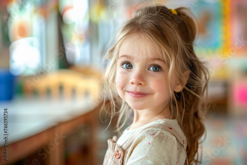 Preschool girl, smiling student, classroom learning, childhood happiness.