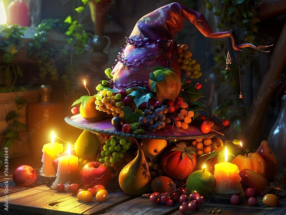 Sorcerer s Bountiful Hat Overflowing with Magical Fruits in Cozy Baroque Still Life Scene