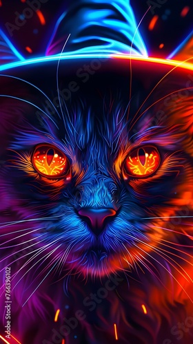 Mesmerizing Feline Fantasy Glowing Eyed Cat in Wizard s Hat Amid Neon Lights and Modern Graphic Art photo