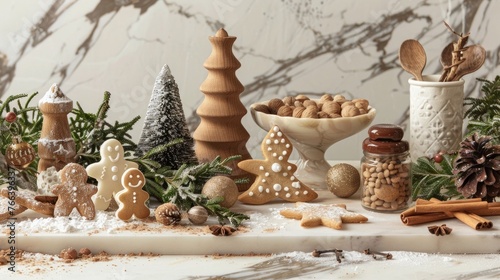 A festive Christmas baking scene featuring ingredients for homemade gingerbread cookies on a marble