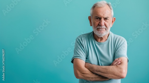 Elderly Caucasian Man Expressing Sadness Blue Background