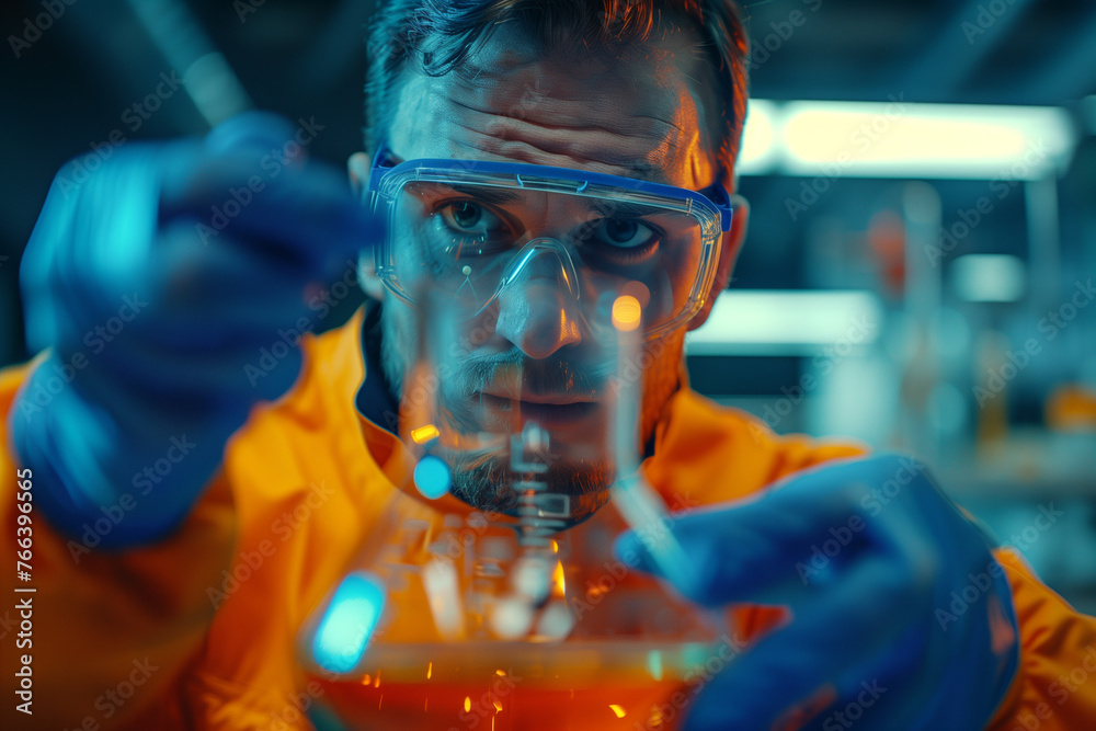 Chemist drops sample solution into flask and shake looking of solution color change reaction. Chemist drops sample solution into flask and shake looking of solution color change reaction.
