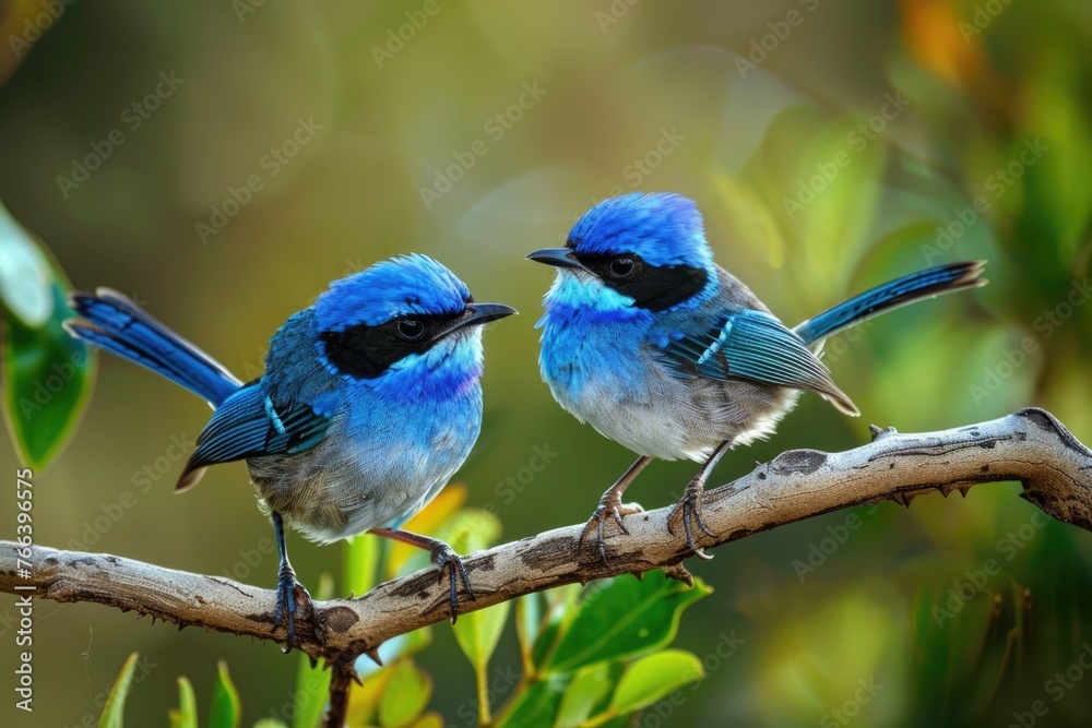 Blue Fairy Wrens - Superb Male and Female Birds Perching Together in Australia Blue Fairy Wrens - Superb Male and Female Birds Perching Together in Australia