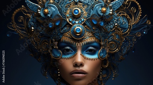 Mesmerizing Celestial Goddess with Ornate Digital Headpiece in Moody Blue and Gold