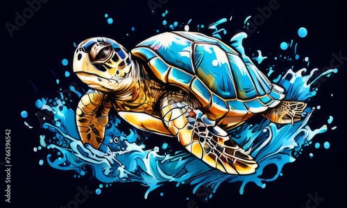 Turtle gracefully swimming in water. For educational materials for kids, game design, animated movies, tourism, stationery, Tshirt design, posters, postcards, childrens books.