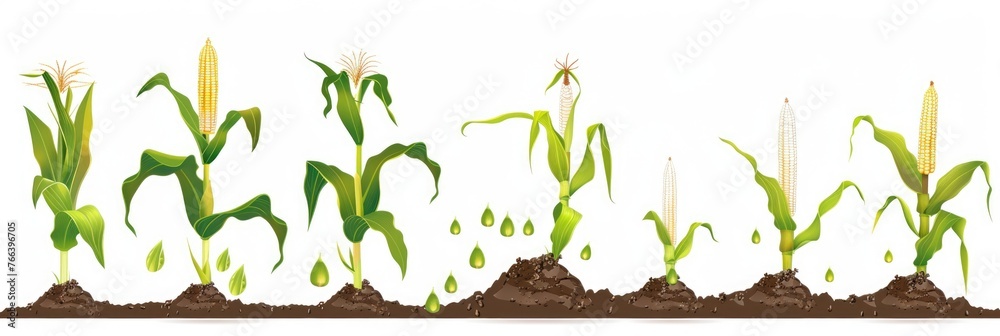Fototapeta premium Corn Growing Process in Flat Design: Realistic Botanical Illustration of Beautiful Corn Plantation with Closeup of Brown Corn Crop on Tree Branch Background in Seasonal Agriculture