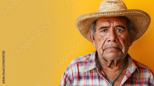 Unhappy Retired Mexican Man with Sad Expression on Yellow Background
