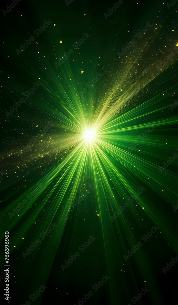 Naklejka premium Asymmetric burst of green rays of light on a dark green background with green, yellow and gold sparkles