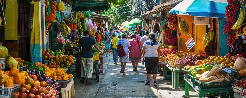 A colorful street market bustling with activity, capturing the essence of local commerce and culture .