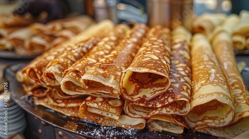 French Crepes Freshly Baked at Open Market Festival Fair - Delicious Crepe Pancakes from Creperie Buffet Breakfast with Brown Battercake