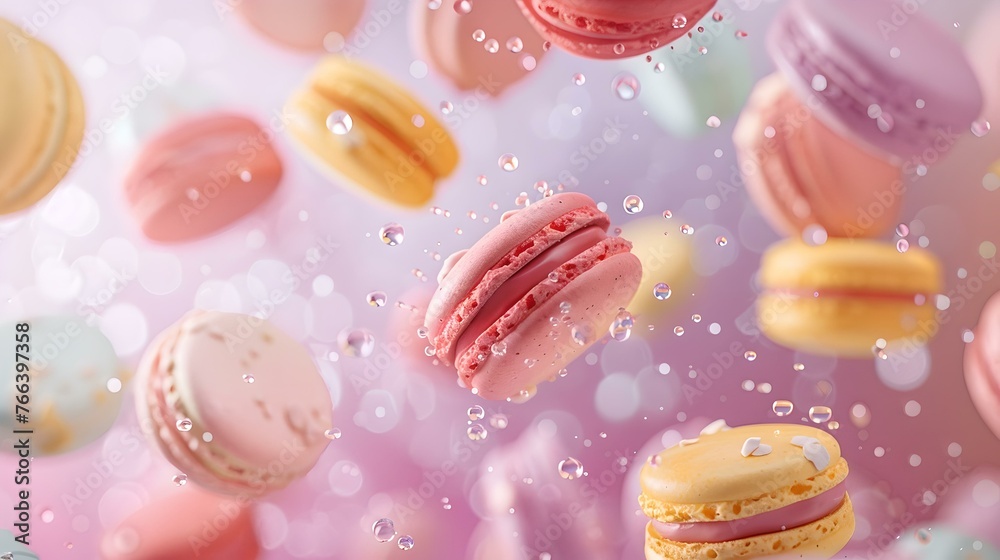 Colorful french macarons suspended in mid-air with sparkling background Colorful french macarons suspended in mid-air with sparkling background