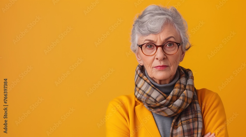 Elderly White Woman Unhappy Mood Yellow Copy Space