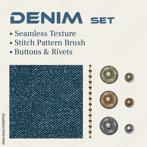 Set of design elements for denim style. Grunge blue jeans fabric seamless texture, stitch pattern brush, buttons, rivets. Vintage style.