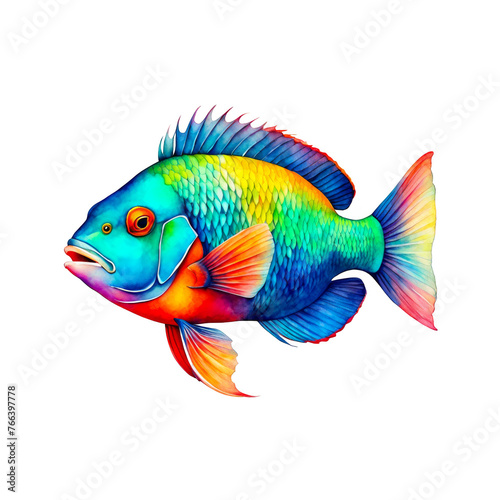 Watercolor illustration of parrot fish, marine animal, vector illustration, clipart, cute, for project, scrapbook, journal, cutout on white background, colorful fish