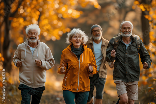 Group of elderly Caucasian friends enjoying run relax together in the meadow