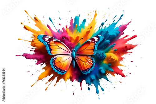 Multicolor powder paint explosion splashing onto a butterfly isolated on transparent background with splash. Butterfly shaped dust explosion. holi paint Colorful powder paint explosion concept © Pixel_Studio_8