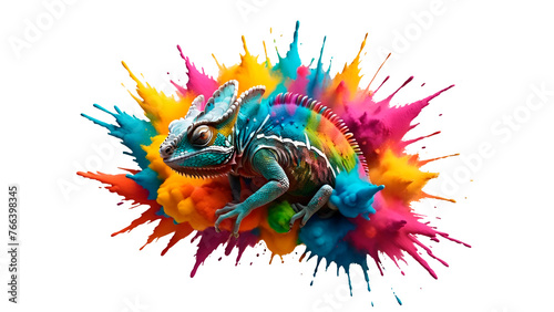 Multicolor powder paint explosion splashing onto a chameleon isolated on transparent background with splash. Chameleon-shaped dust explosion. Colorful powder paint explosion concept with animals.
