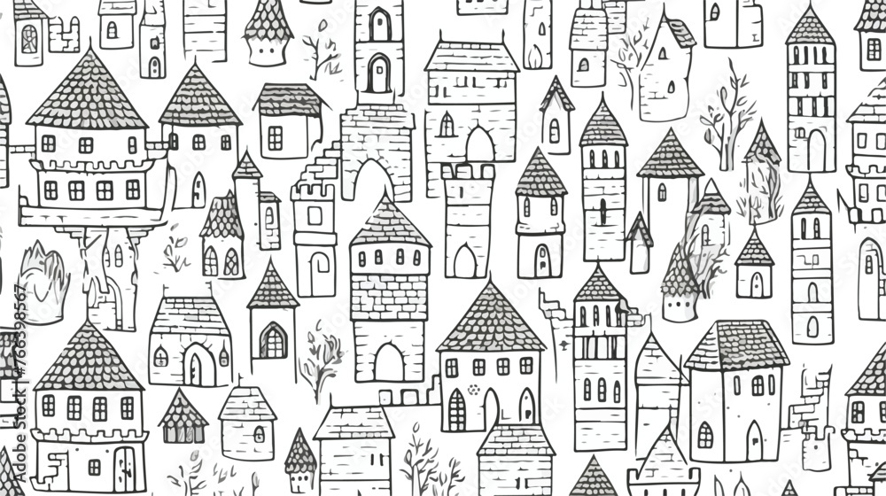 Fototapeta Medieval buildings seamless pattern background. Middl