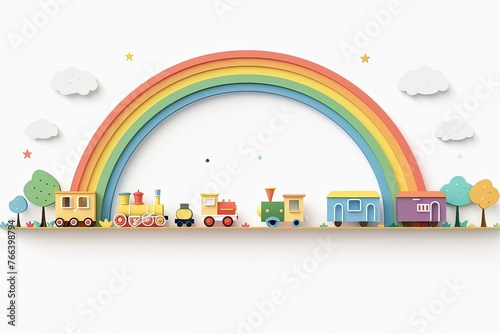 Happy Children s Day greeting card  with a train and rainbow in the background. Generative AI.Happy Children s Day greeting card  with a train and rainbow in the background. Generative AI.