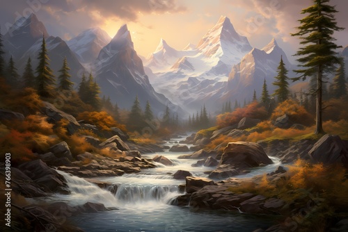 A cascade of crystalline water descending from lofty peaks, painting a picturesque scene of nature's grandeur photo