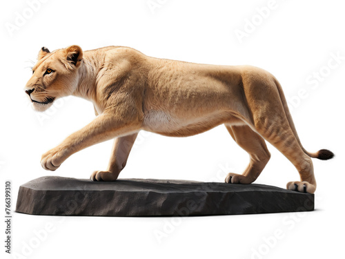 lioness walking forward on a large boulder, isolated