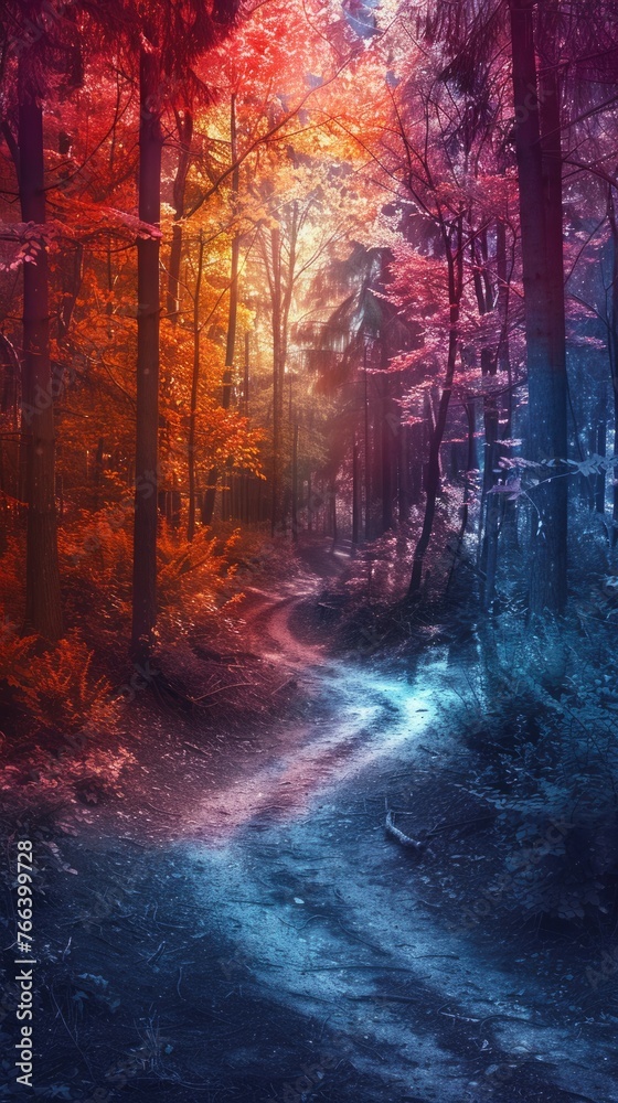 Divergent paths in mystic forest, surreal colors, decision concept, for personal development books --ar 9:16 Job ID: 861f6bbb-52c7-4098-bdfa-b7e65ef58a87