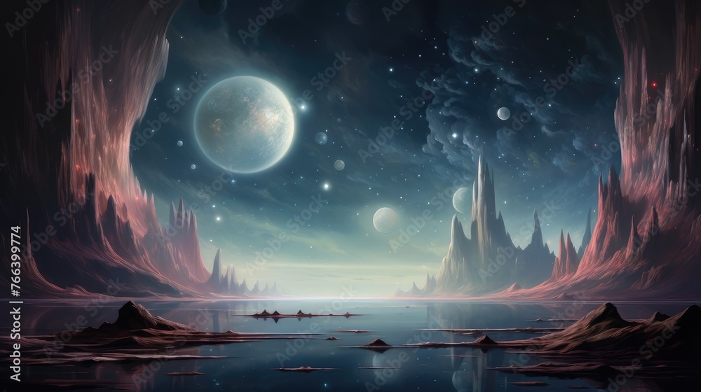 Captivating Cosmic Serenity:A Dreamlike Galactic Landscape with Floating Islands and a Luminous Moon