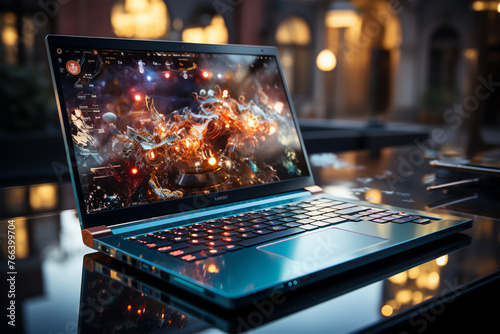 Laptop on dark background on table, an image of the modern workspace