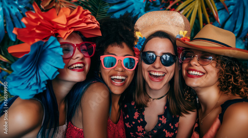 women with different colored hats and glasses laughing together. End of year party