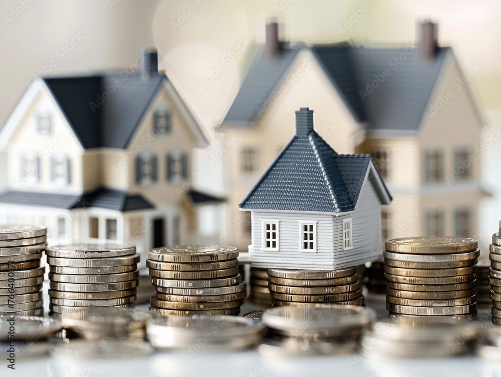 Model homes ascending coin stacks, real estate growth, clear focus.