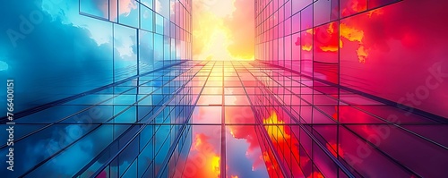 Geometrically inspired abstract buildings arranged in a minimalist composition against a vibrant sky. 