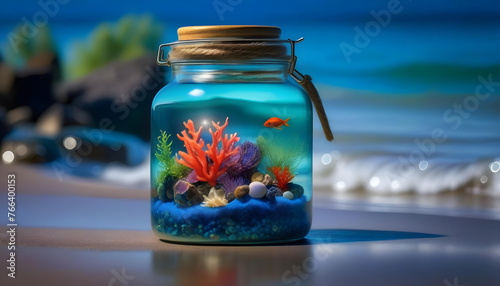 A glass jar filled with ocean water, with miniature coral, fish, and seaweed inside. 