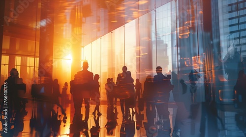 Blurred abstract background with bustling business center hall, with businessmen and people captured in motion blur through a long exposure technique. Work atmosphere. 