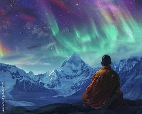 Serene monk meditating in Himalayas, vibrant aurora overhead, for spiritual enlightenment guides.