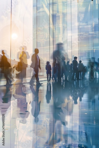 Blurred abstract background with bustling business center hall, with businessmen and people captured in motion blur through a long exposure technique. Work atmosphere. 