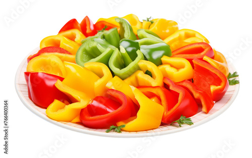 Vibrant Bell Peppers Sliced on a Plate Isolated on Transparent Background PNG.