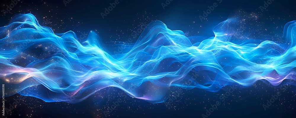 Abstract blue waves of light intersecting and pulsating against a dark background. 