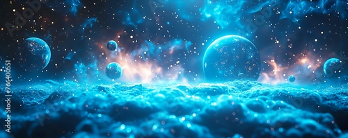 Abstract blue orbs floating in a celestial space, surrounded by sparkling stars.