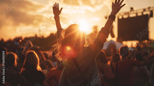 A woman at a festival with her hands up. Taken during golden hour. Music festival. Celebration. Live music event