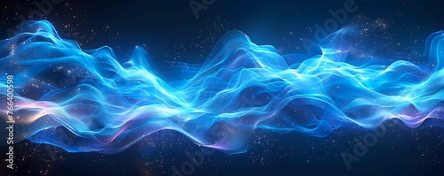 Abstract blue waves of light intersecting and pulsating against a dark background. 